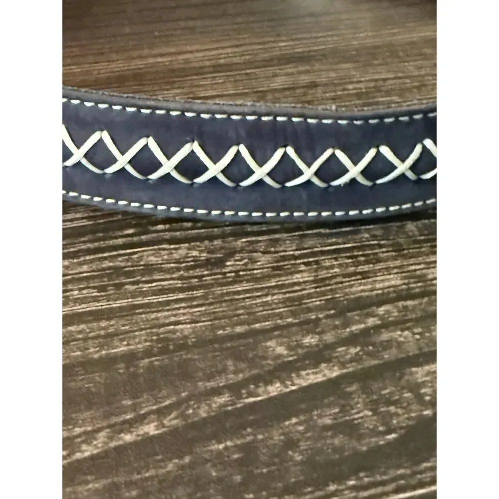 Vintage 80s 90s Laurel Escada Leather Embroidered Belt Buckstitch Blue